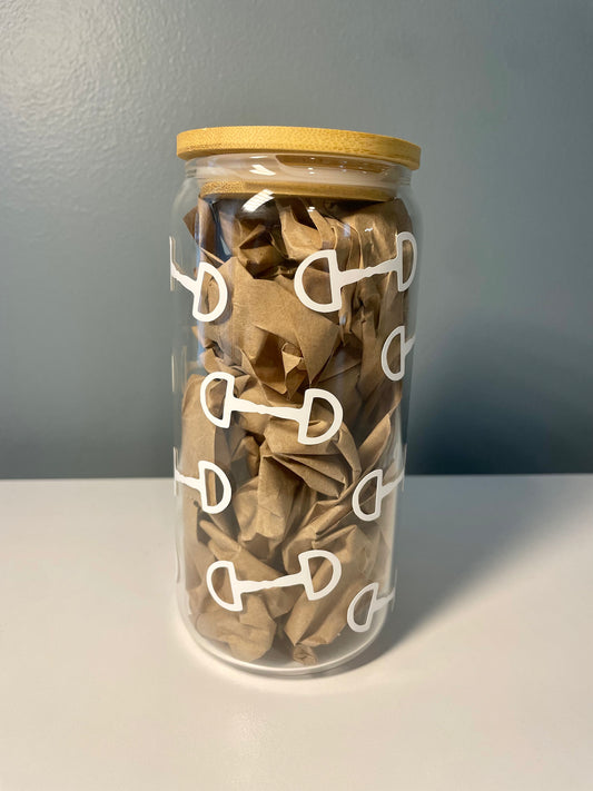 Snaffle Bit Glass Sipper - 16oz Glass Cup with Lid and Straw