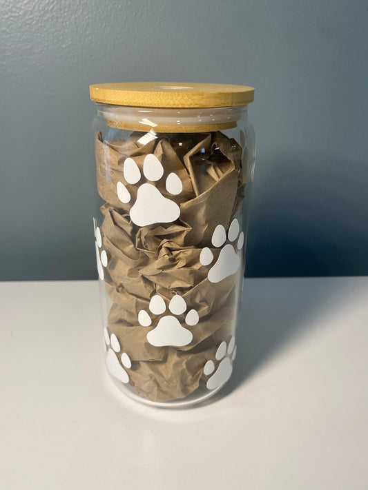 Paw Print Glass Sipper - 16oz Glass Cup with Lid and Straw