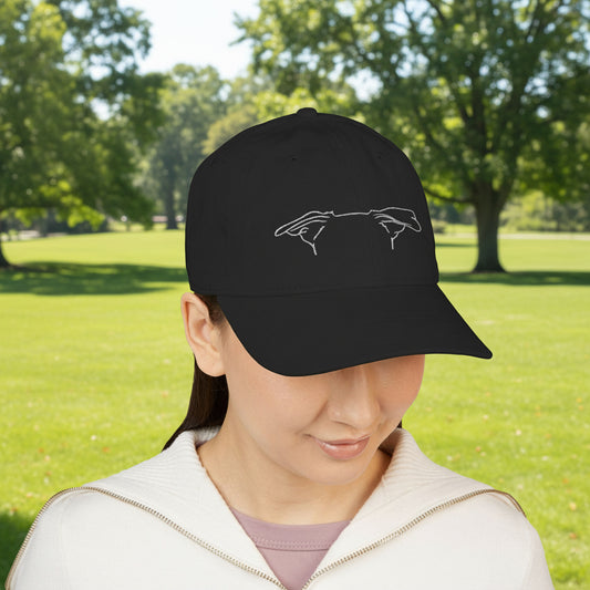 Person wearing a black cap with a white design on a white background