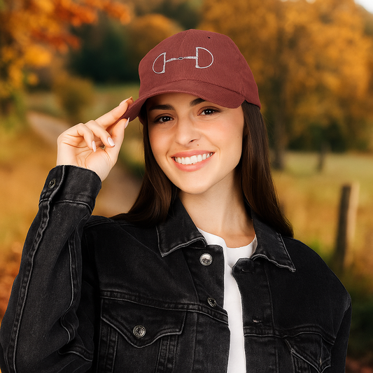 Vintage Corduroy Equestrian Hat – Embroidered Snaffle Bit Design